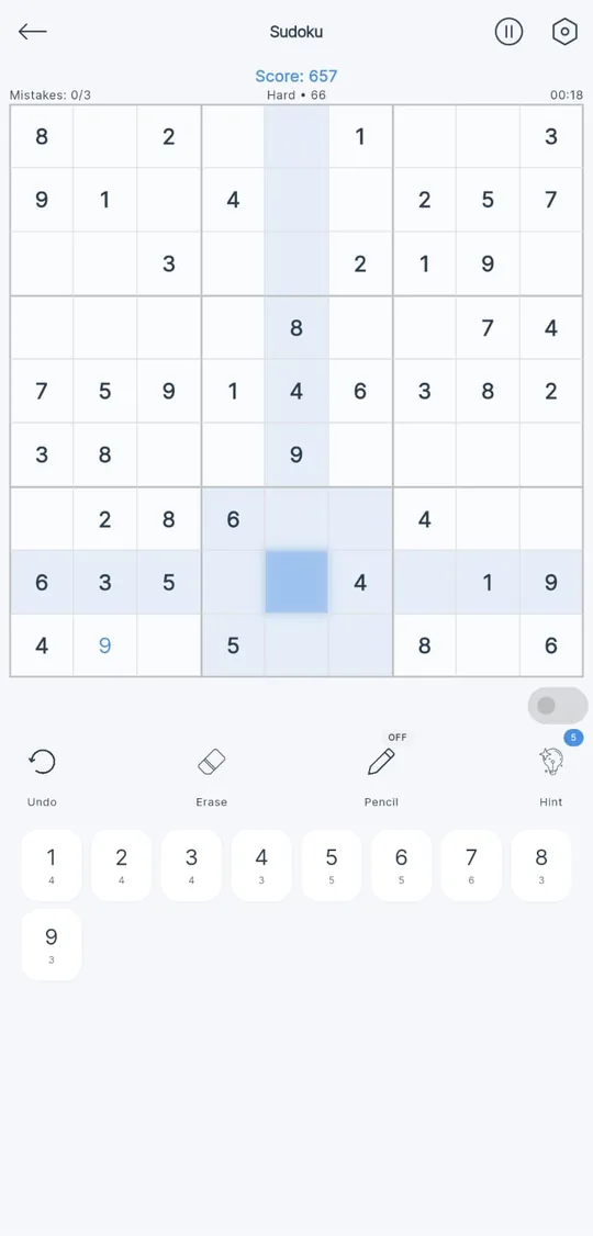 A Sudoku board in play, with undo, erase, pencil and hint buttons and a number pad that counts how many of each digit remain.