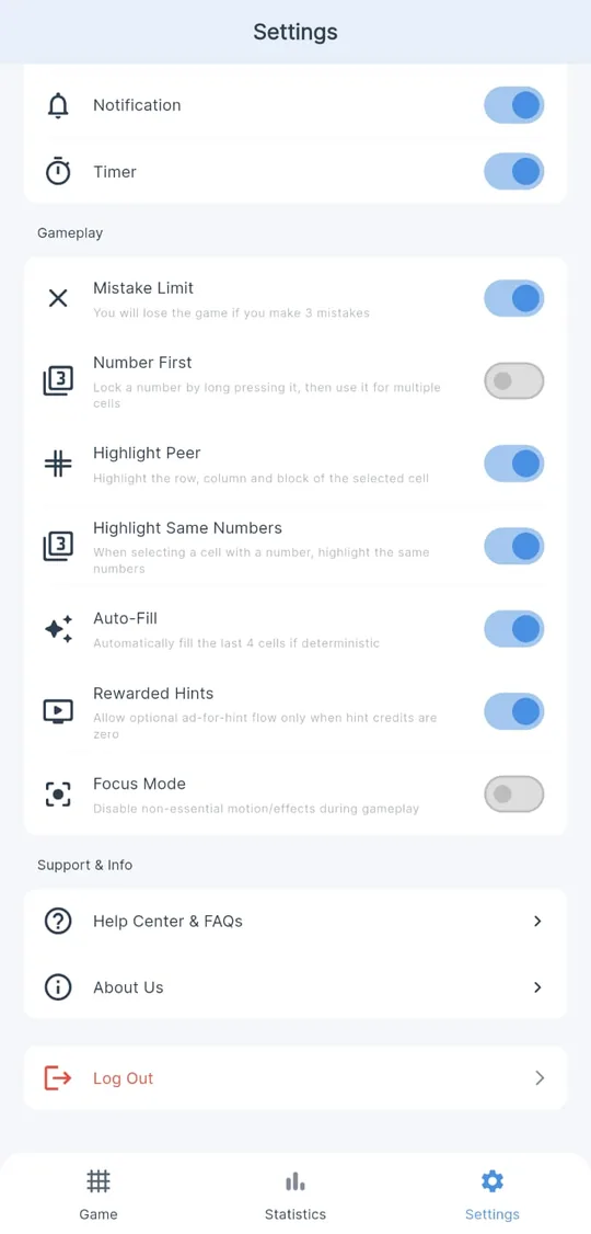 Gameplay settings: mistake limit, number first, highlight peer, highlight same numbers, auto-fill, rewarded hints and focus mode.