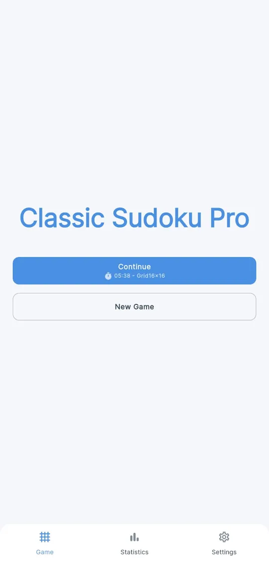 Classic Sudoku Pro's home screen with Continue and New Game buttons.