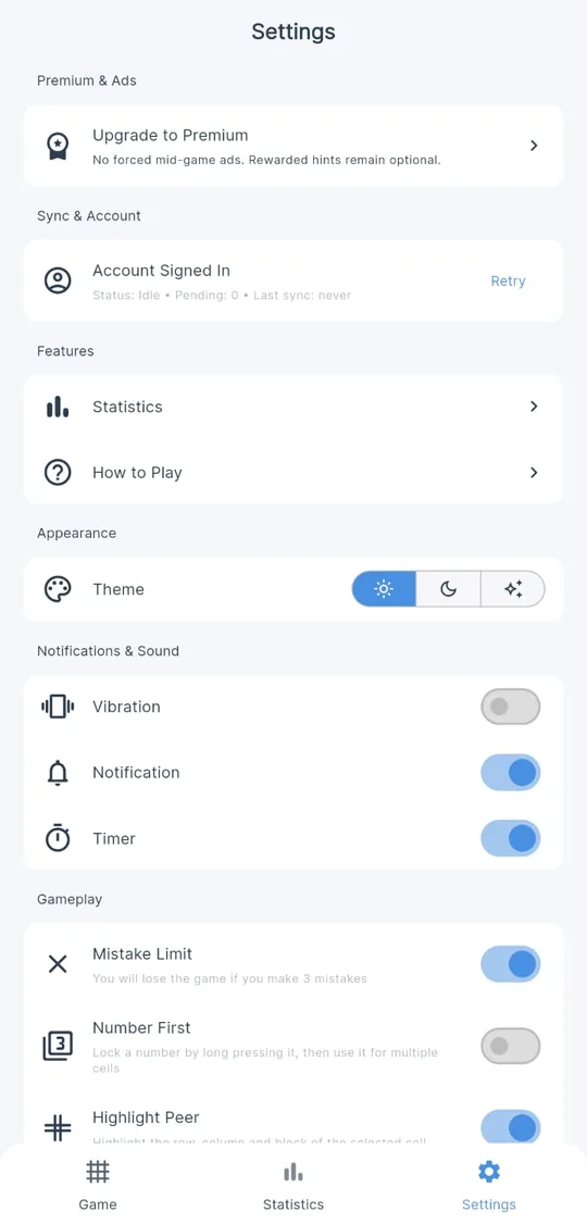 The settings screen, with an Upgrade to Premium option that notes no forced mid-game ads and optional rewarded hints, plus sync, theme and sound options.